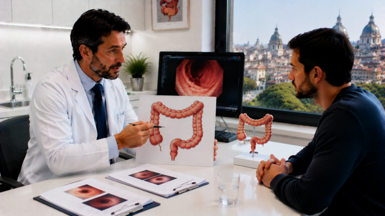 Gastroenterologo spiega dolore addominale basso e colon durante una visita a Roma